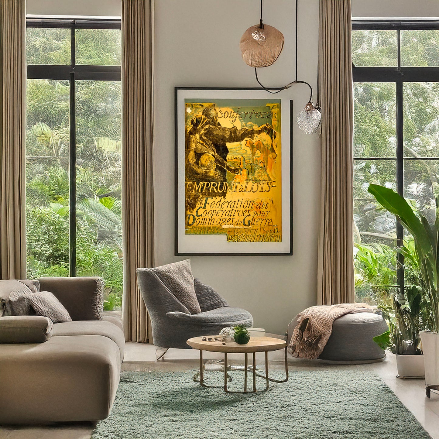 A picture of Souscrivez emprunt à lots, a mockup of the print leaning against a wall