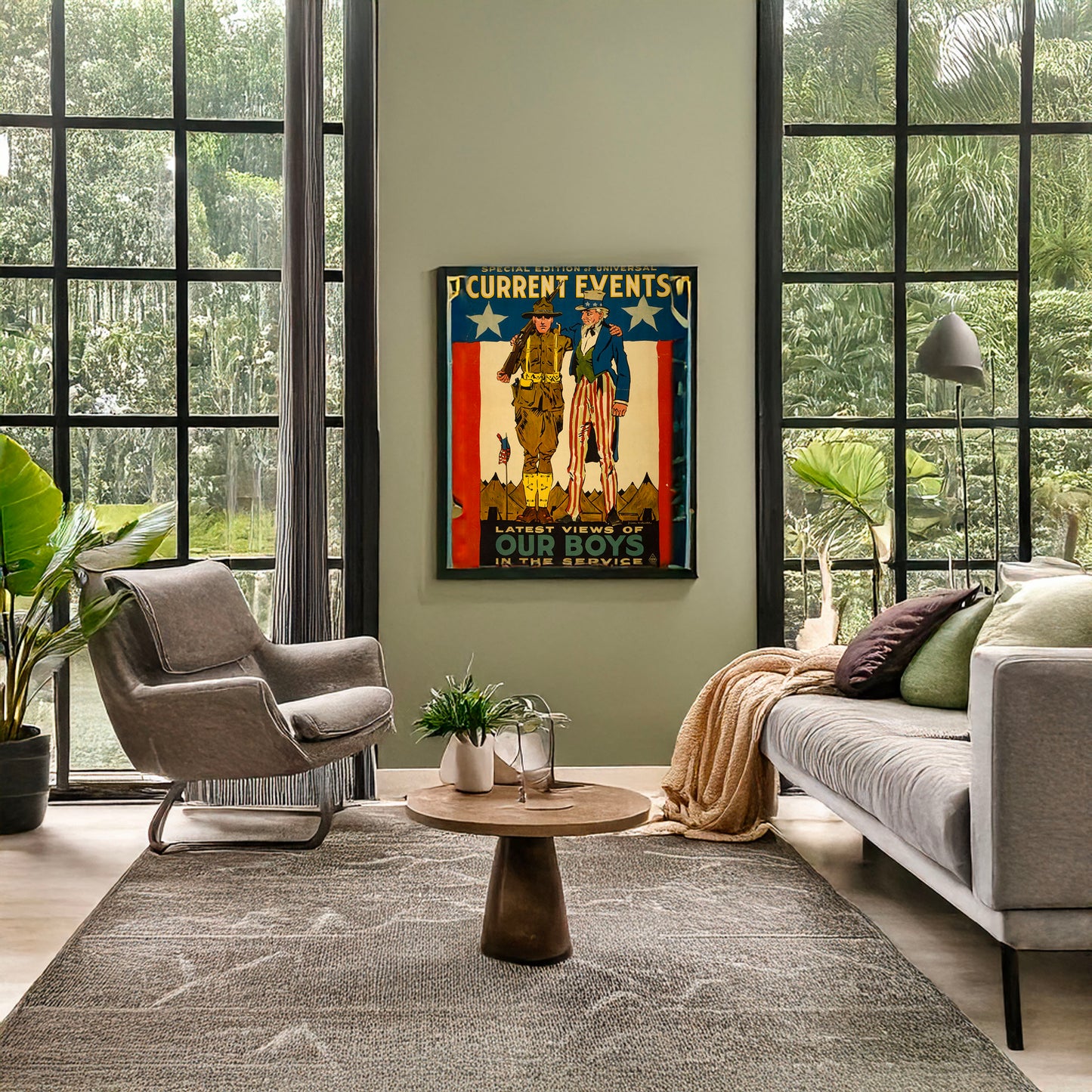 A picture of Special edition of universal current events Latest views of our boys in the service /, a mockup of the print leaning against a wall