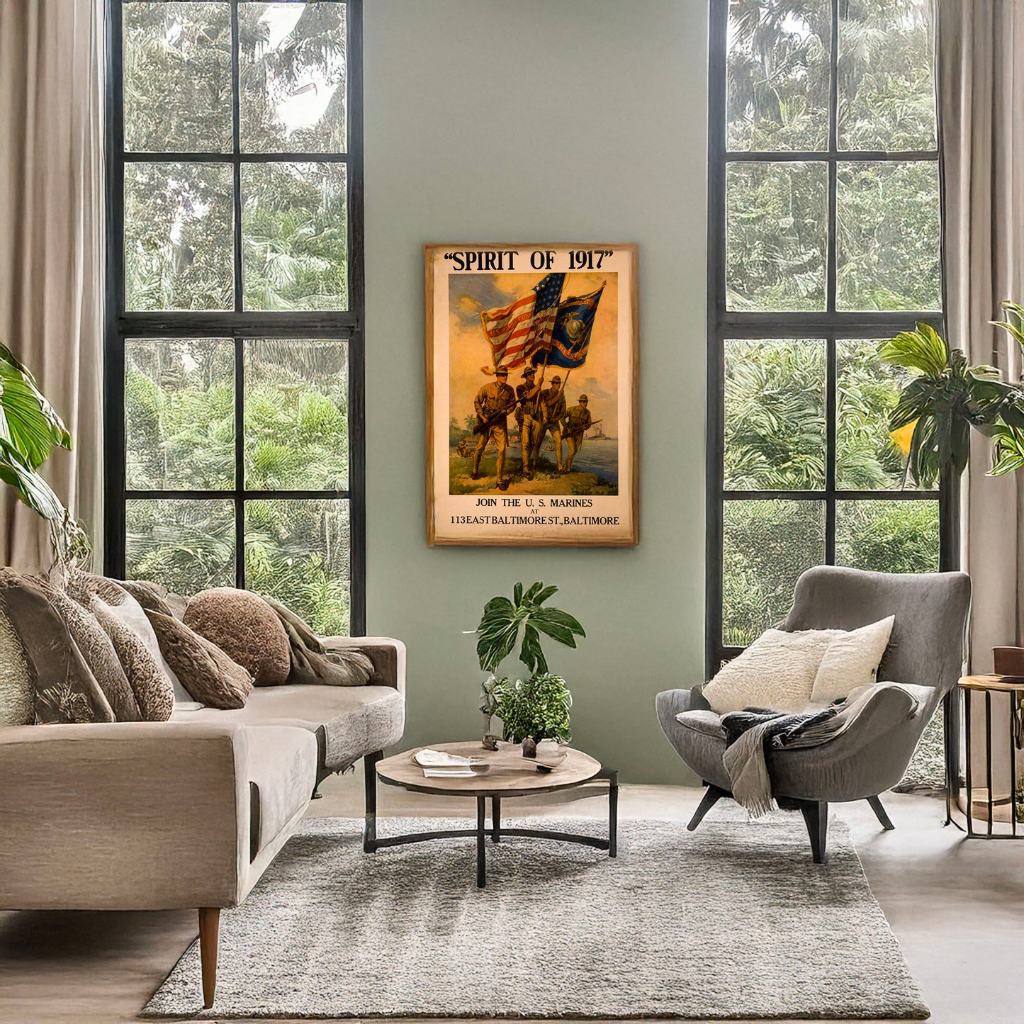 A picture of "Spirit of 1917", a mockup of the print leaning against a wall