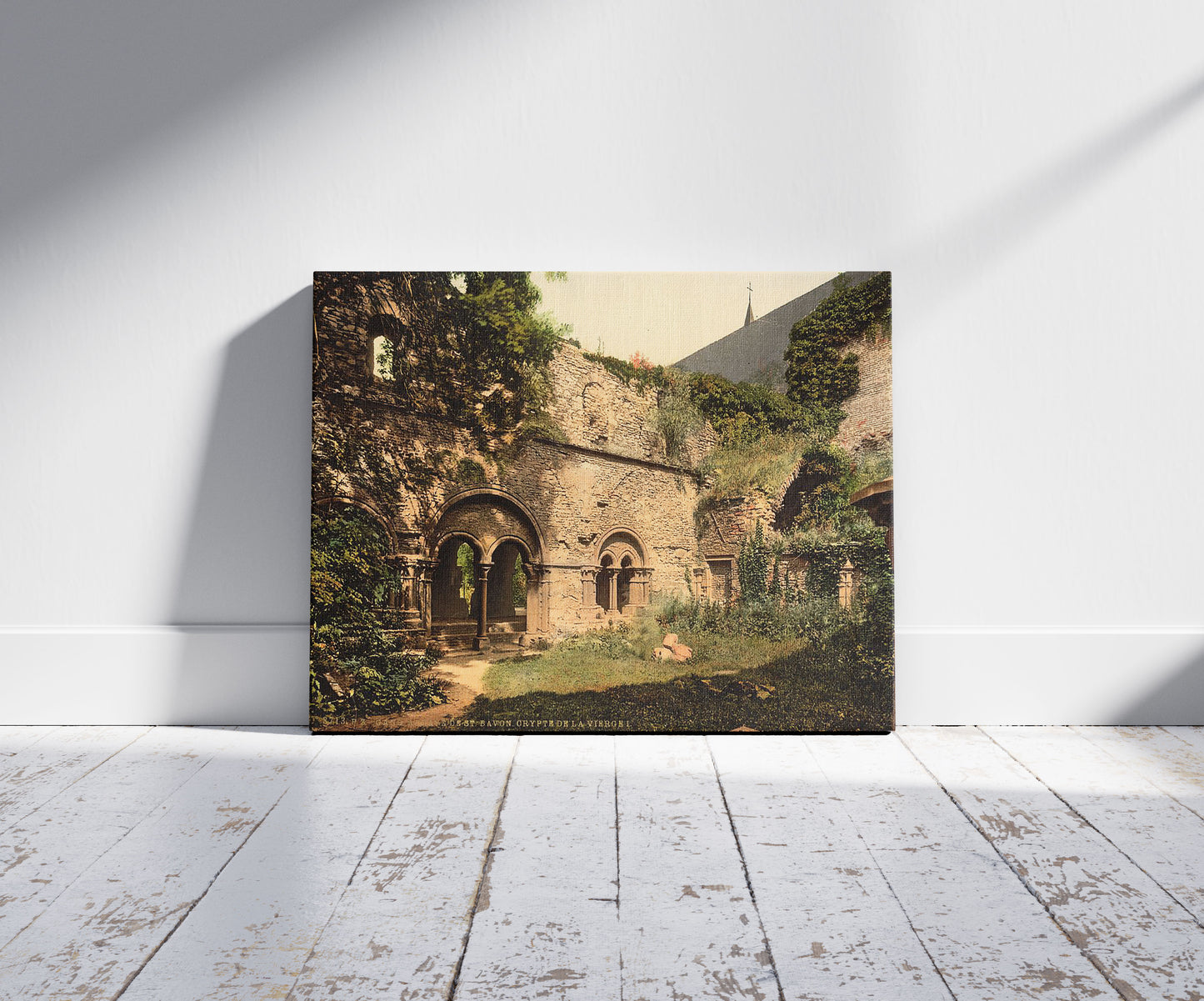 A picture of St. Bavon Abbey, the Virgin's Crypt, Ghent, Belgium, a mockup of the print leaning against a wall