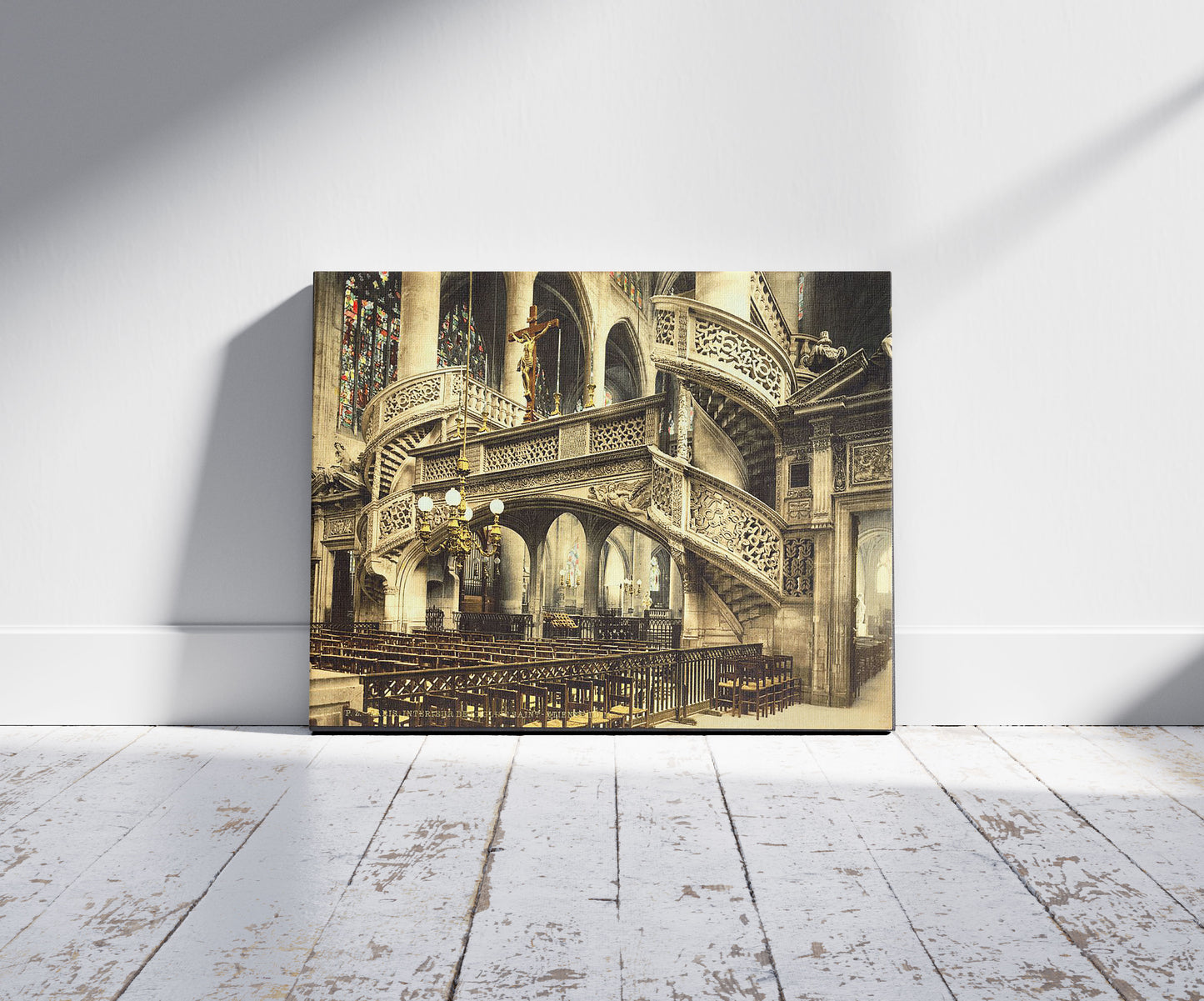 A picture of St. Etienne-du-Mont, church interior, Paris, France, a mockup of the print leaning against a wall