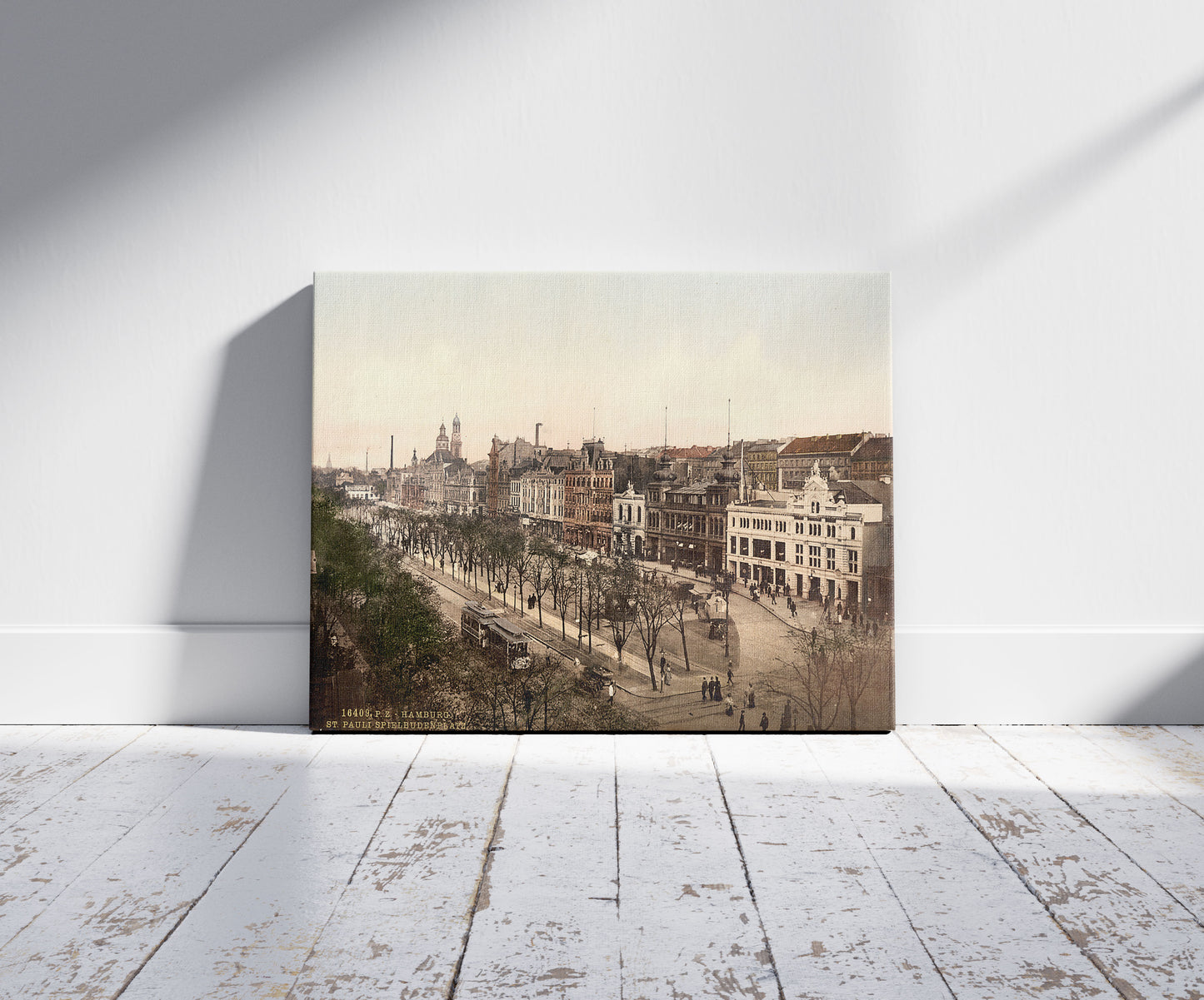 A picture of St. Paul Spielbudenplatz, Hamburg, Germany, a mockup of the print leaning against a wall