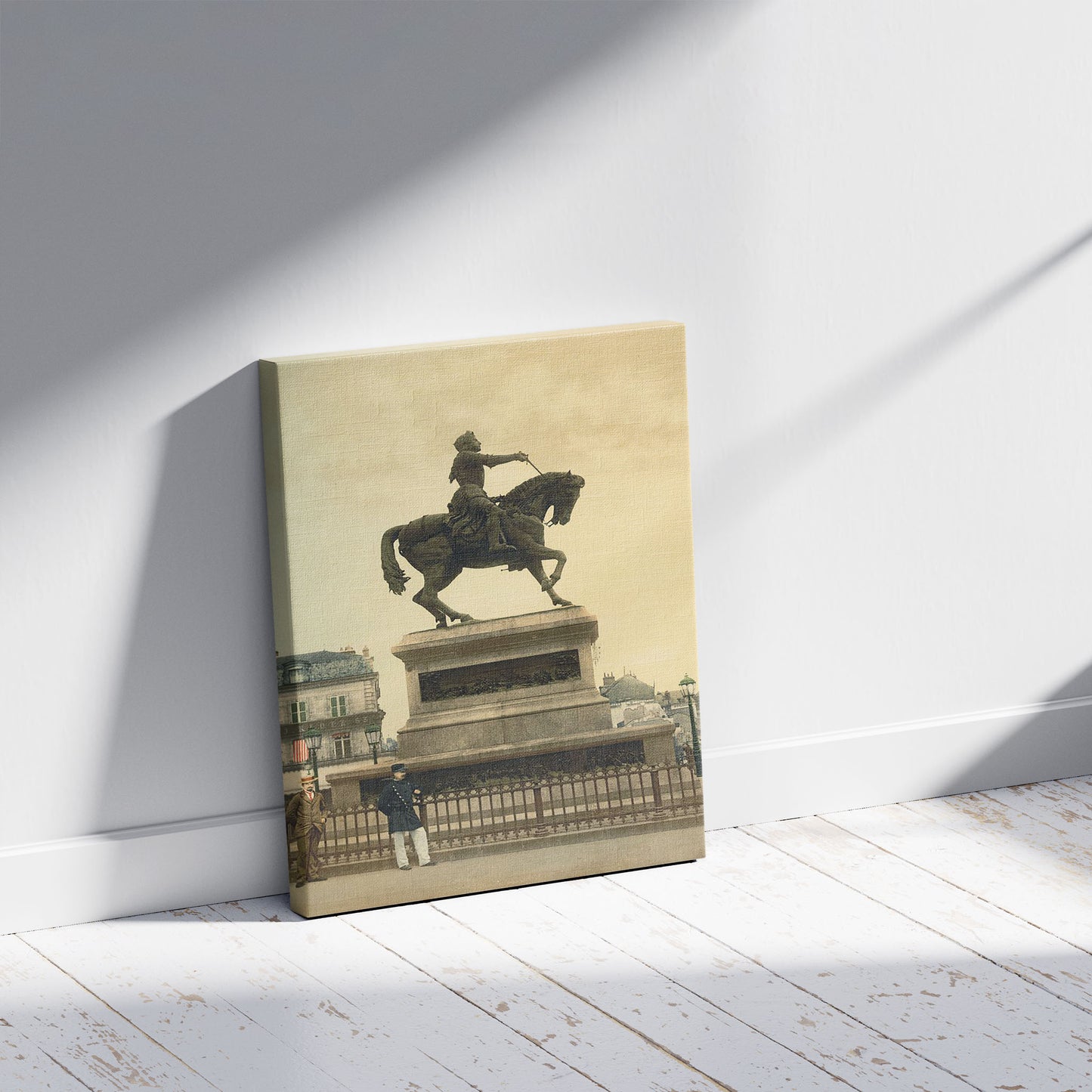 A picture of Statue of Joan of Arc by Foyatier in the Martyrs' Place, Orléans, France, a mockup of the print leaning against a wall