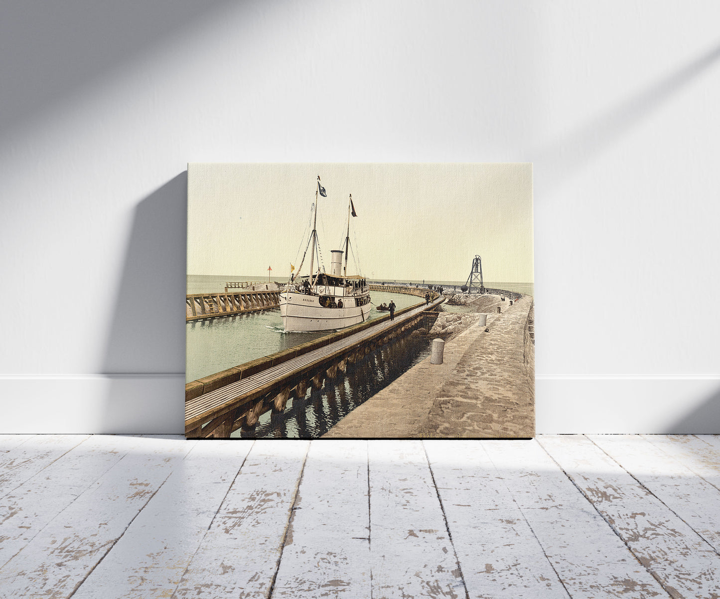 A picture of Steamer "Sequens" entering harbor, Colberg, Pomerania, Germany (i.e, Kołobrzeg, Poland), a mockup of the print leaning against a wall
