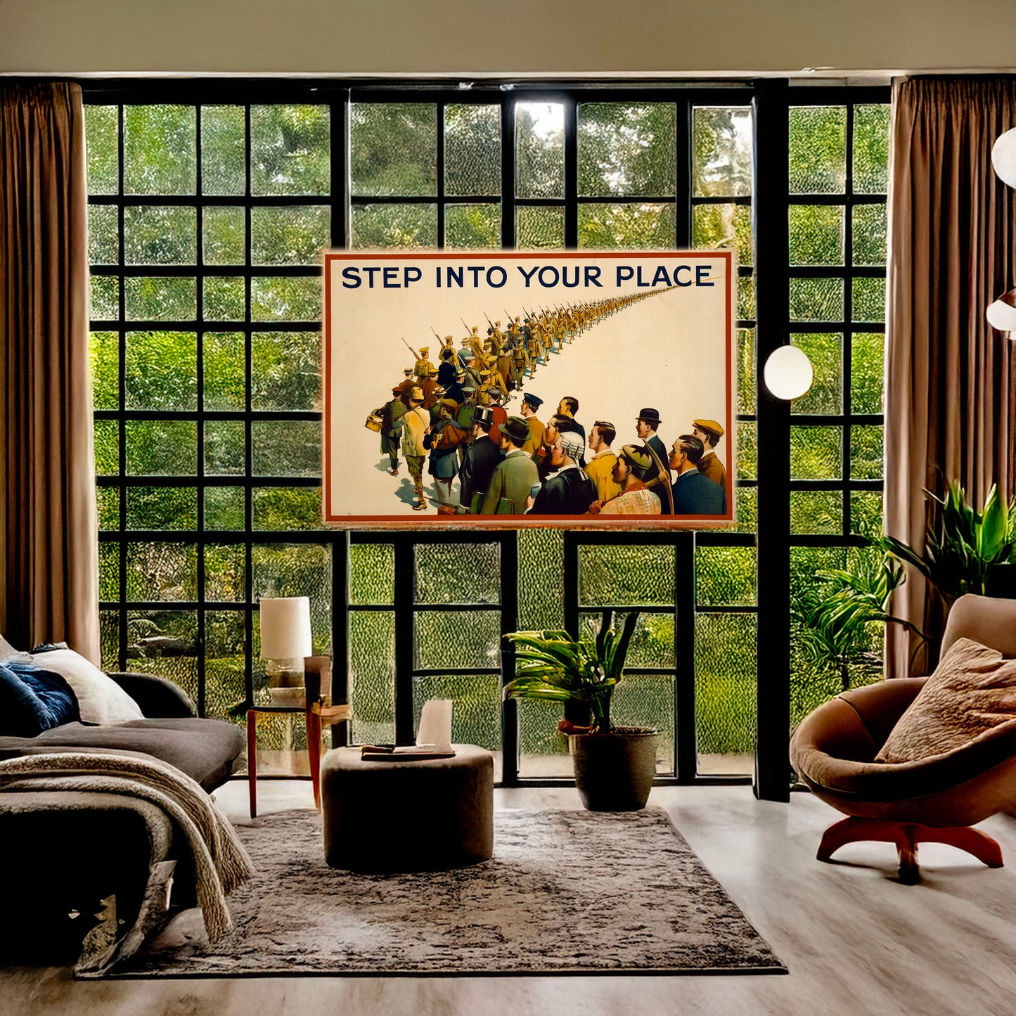 A picture of Step into your place, a mockup of the print leaning against a wall