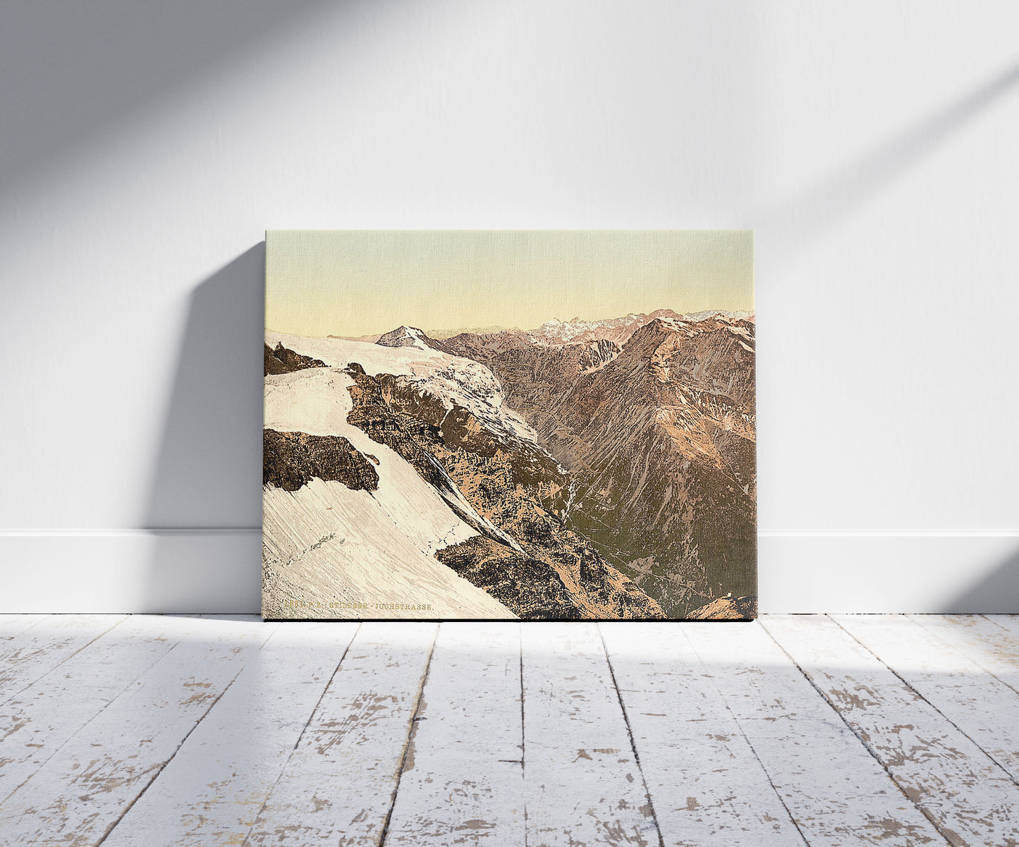 A picture of Stilferjoch (i.e., Stilfer Joch) Road, from Payerhutte, Tyrol, Austro-Hungary, a mockup of the print leaning against a wall