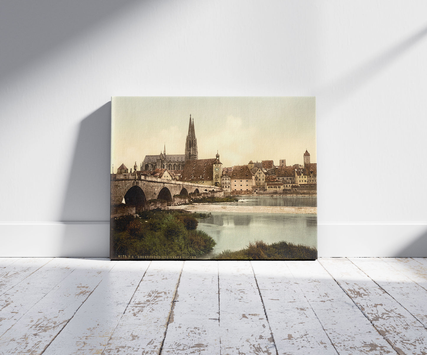 A picture of Stone Bridge (i.e. Steinerne Brücke) and cathedral, Ratisbon (Regensburg), Bavaria, Germany