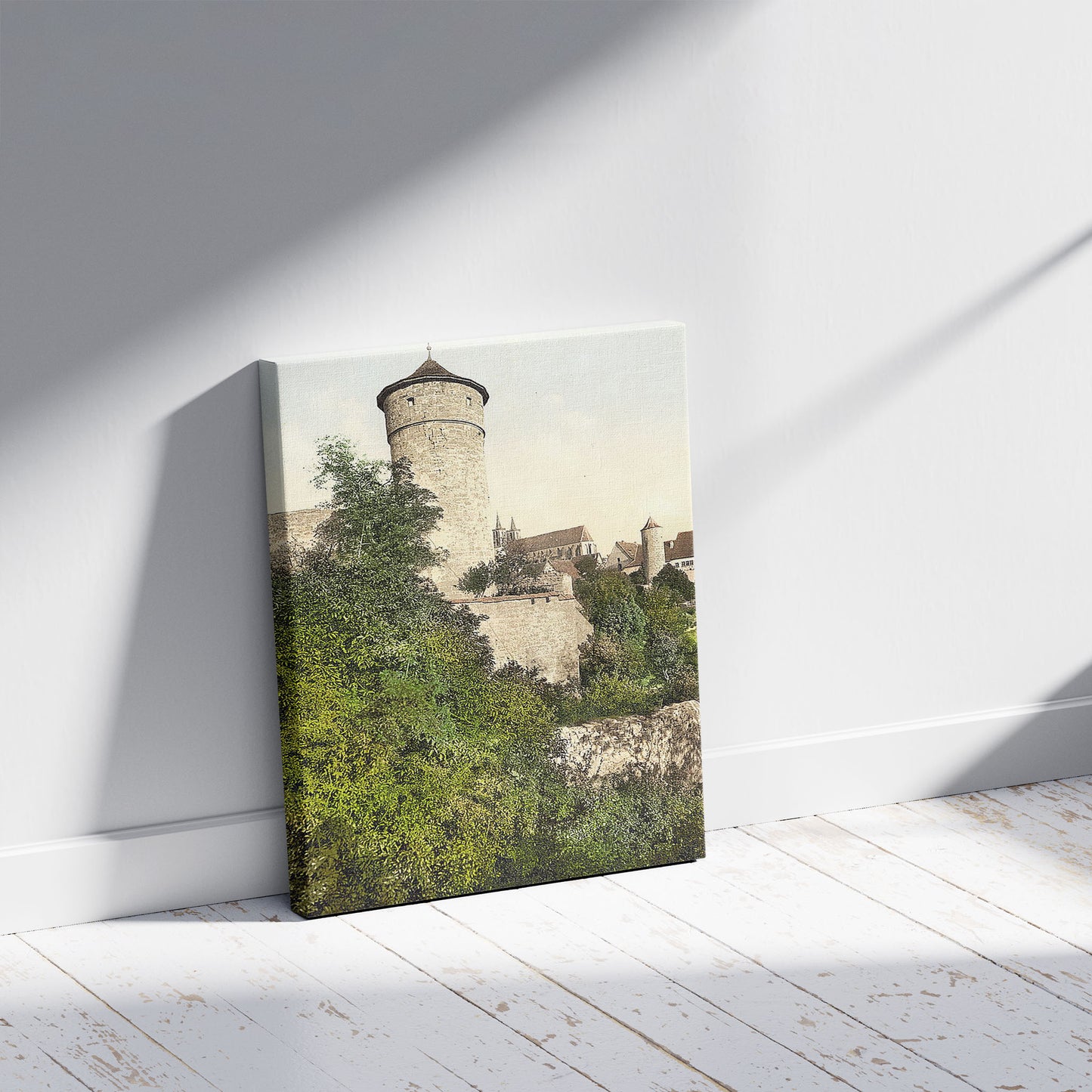 A picture of Straft Tower, Rothenburg (i.e. ob der Tauber), Bavaria, Germany, a mockup of the print leaning against a wall