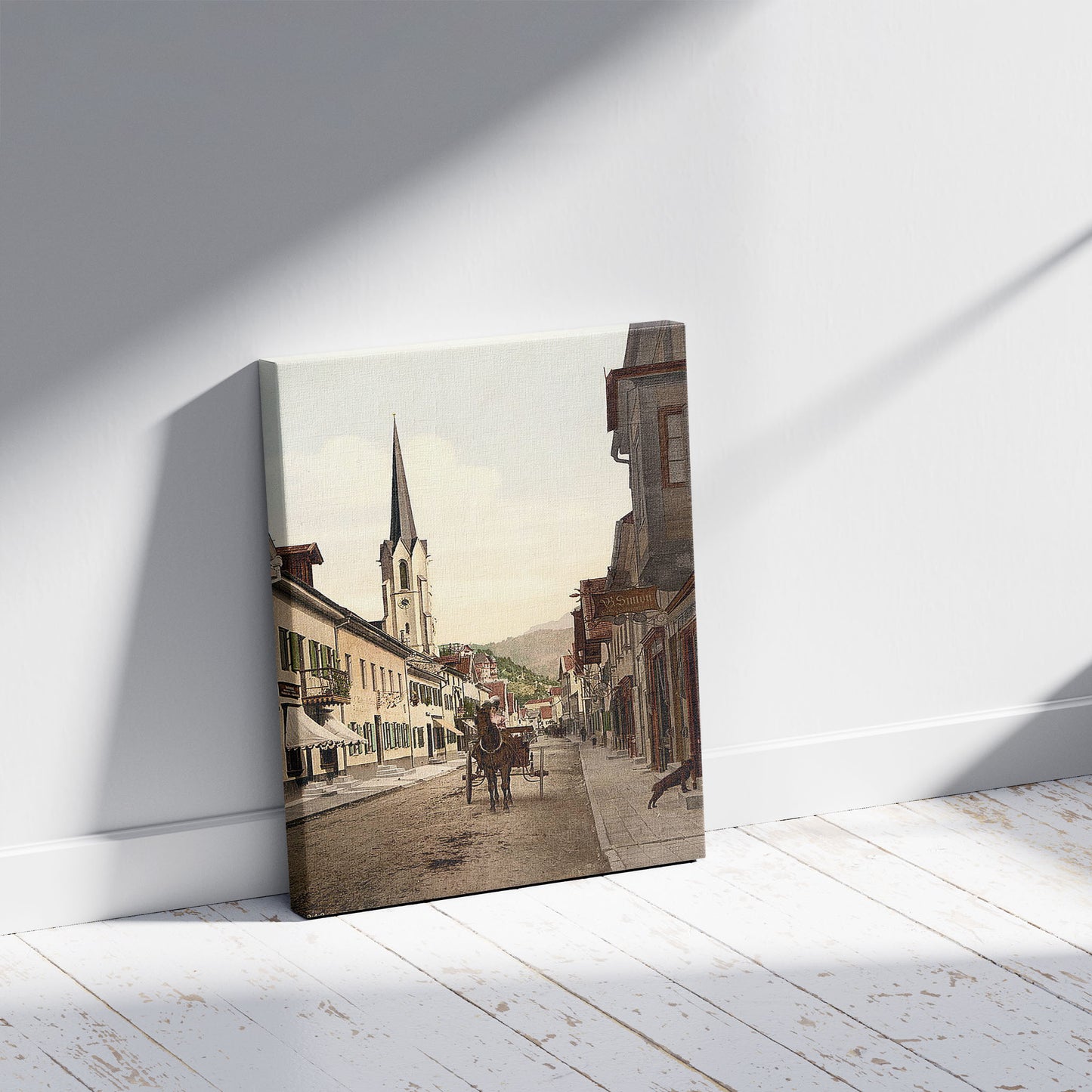 A picture of Street scene, Partenkirchen, Upper Bavaria, Germany, a mockup of the print leaning against a wall