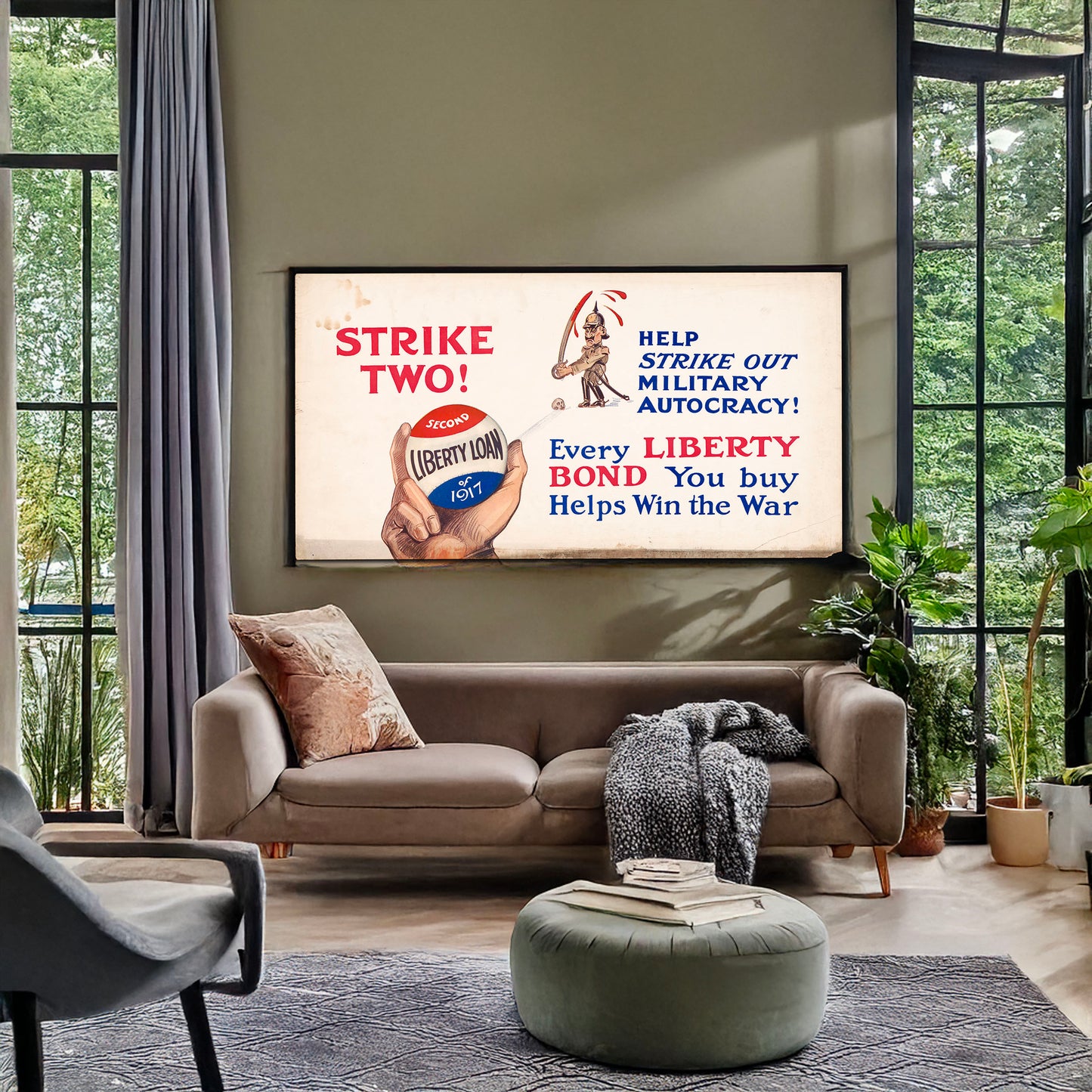 A picture of Strike two! Help strike out military autocracy! Every Liberty Bond you buy helps win the war., a mockup of the print leaning against a wall