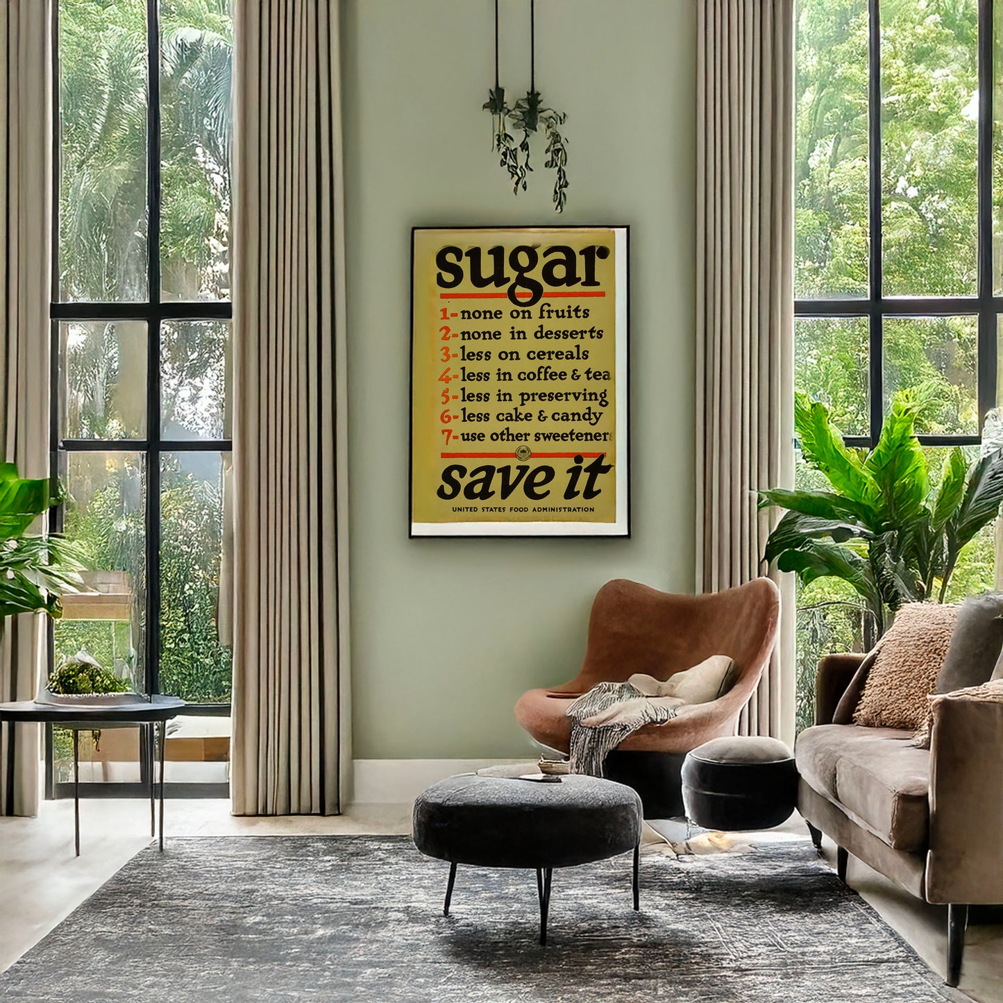 A picture of Sugar--save it, a mockup of the print leaning against a wall