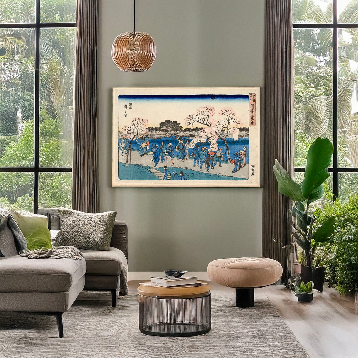 A picture of Sumida tsutsumi hanami no zu, a mockup of the print leaning against a wall