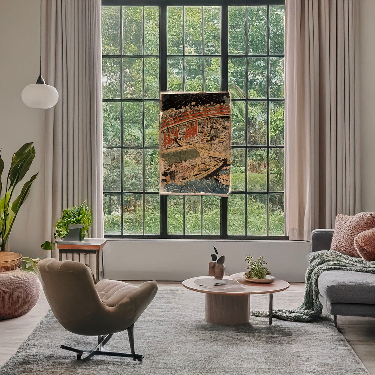 A picture of Sumidagawa funaasobi, a mockup of the print leaning against a wall