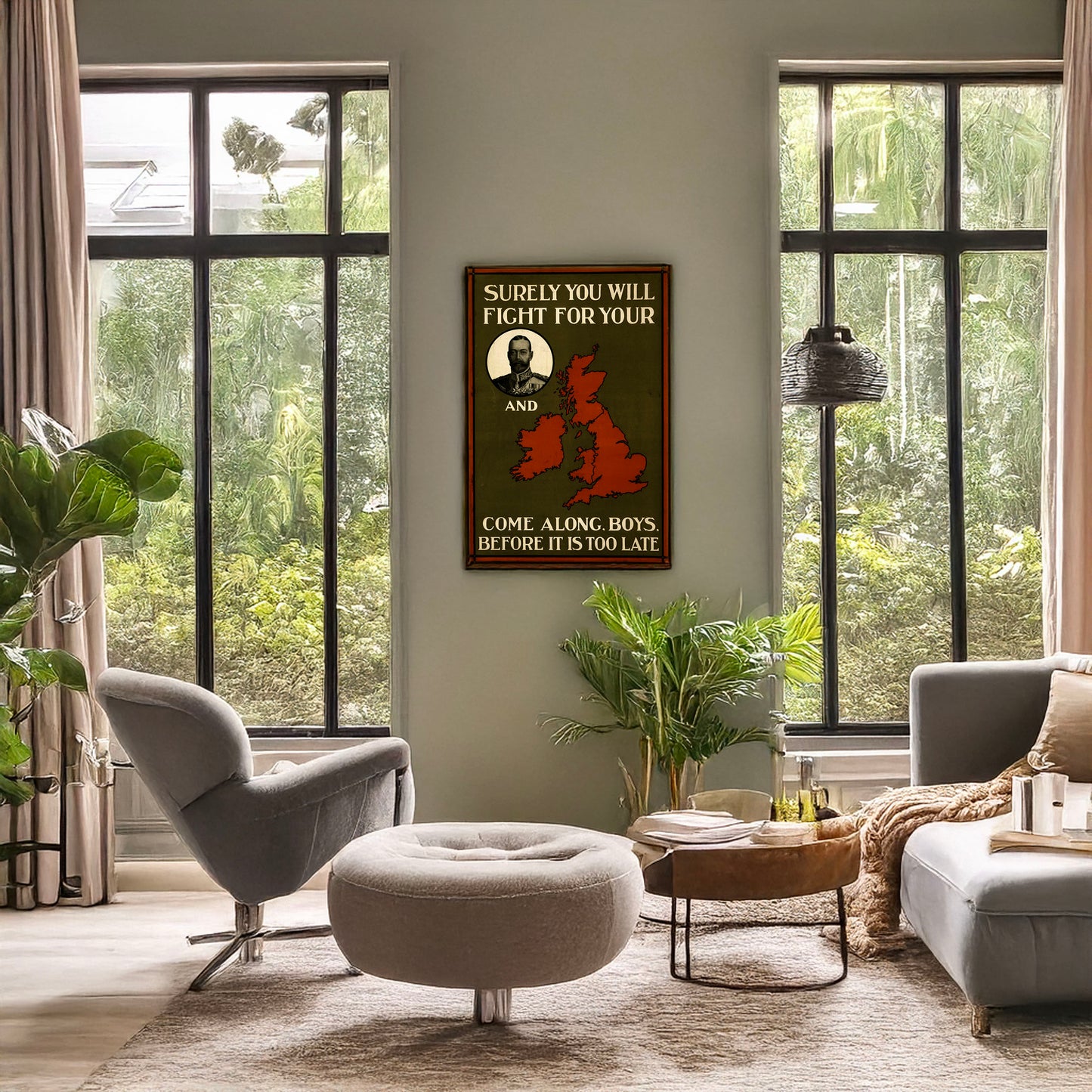A picture of Surely you will fight for your portrait of King George V and map of Great Britain. Come along, boys, before it is too late, a mockup of the print leaning against a wall