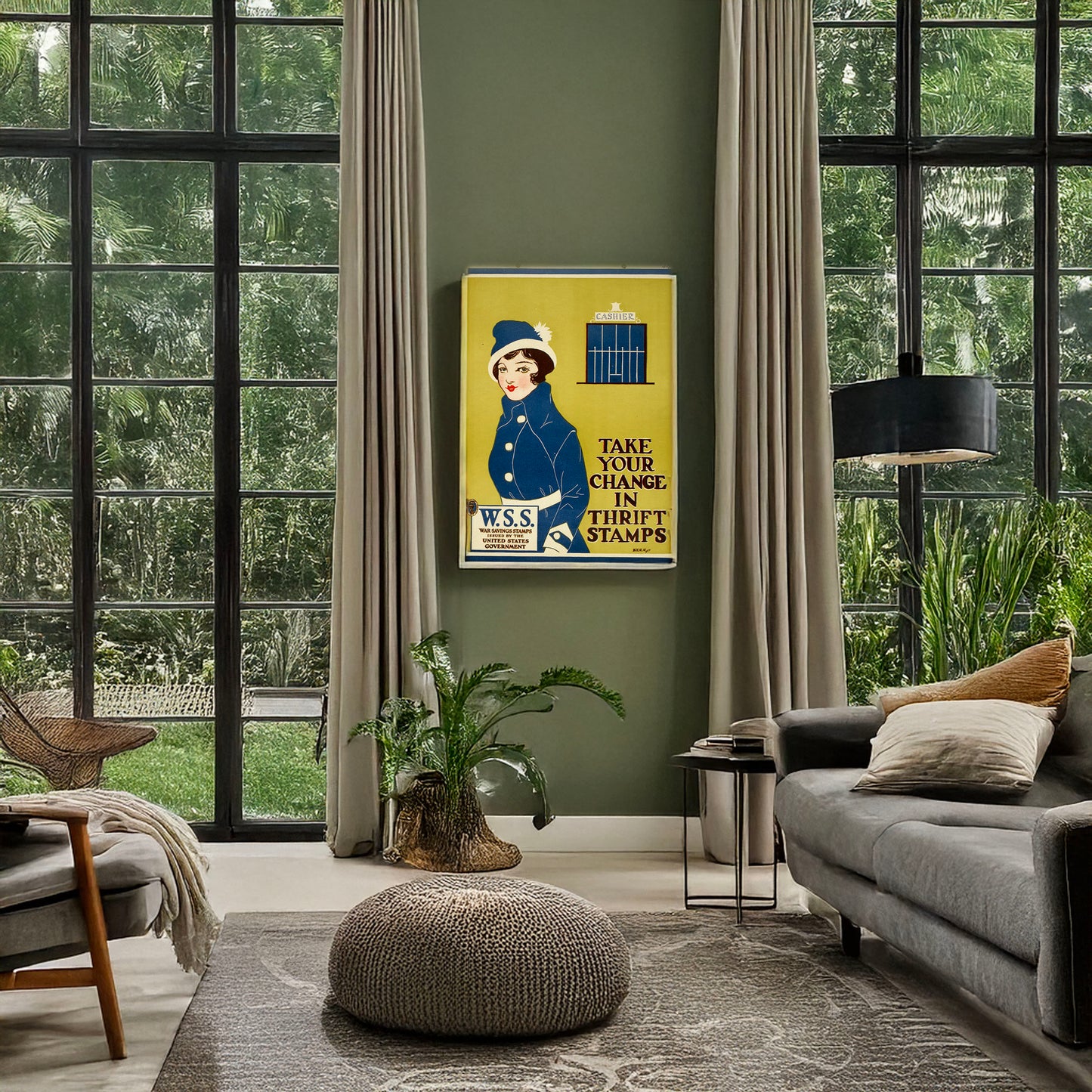 A picture of Take your change in Thrift Stamps W.S.S.--War Savings Stamps issued by the United States government /, a mockup of the print leaning against a wall