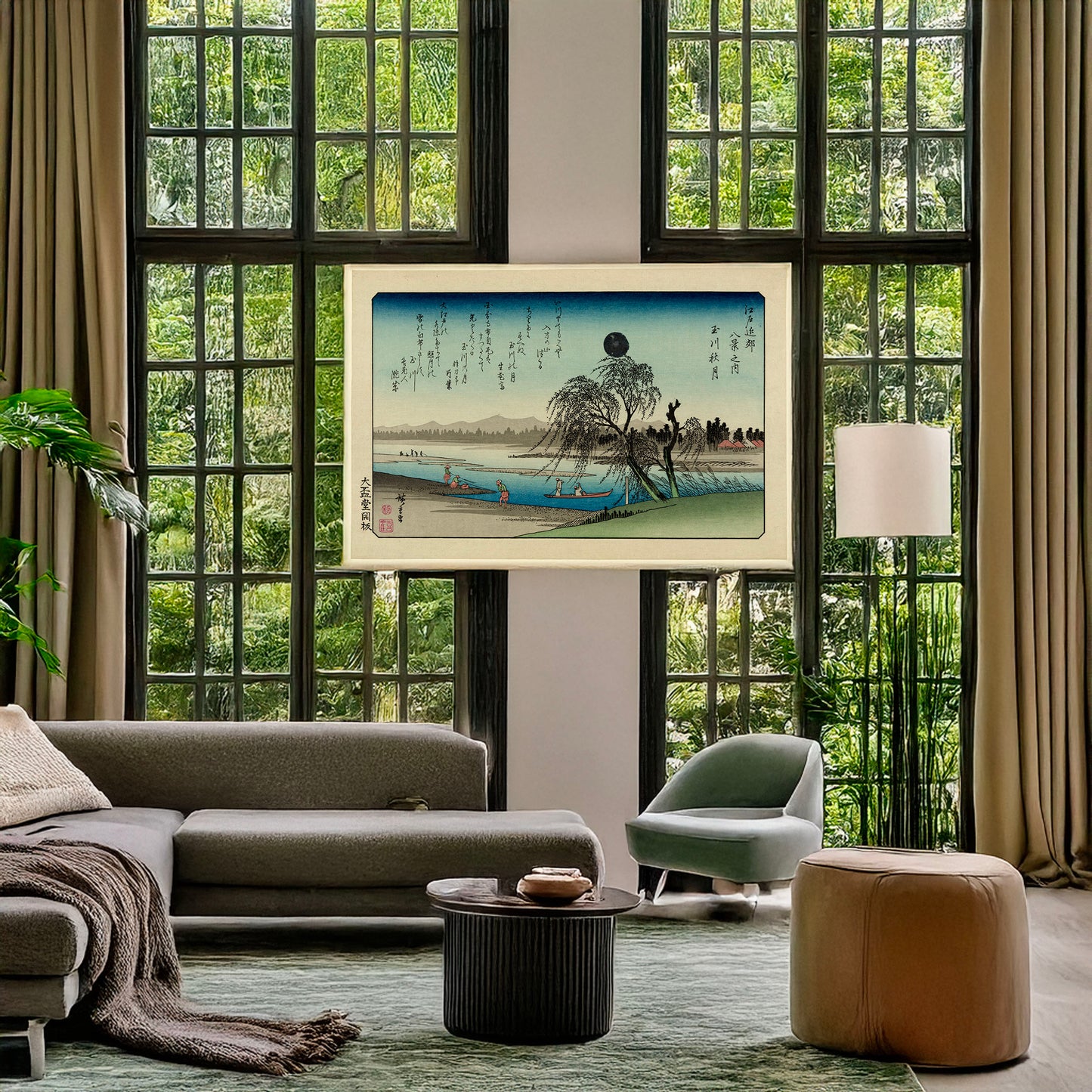 A picture of Tamagawa no shūgetsu, a mockup of the print leaning against a wall