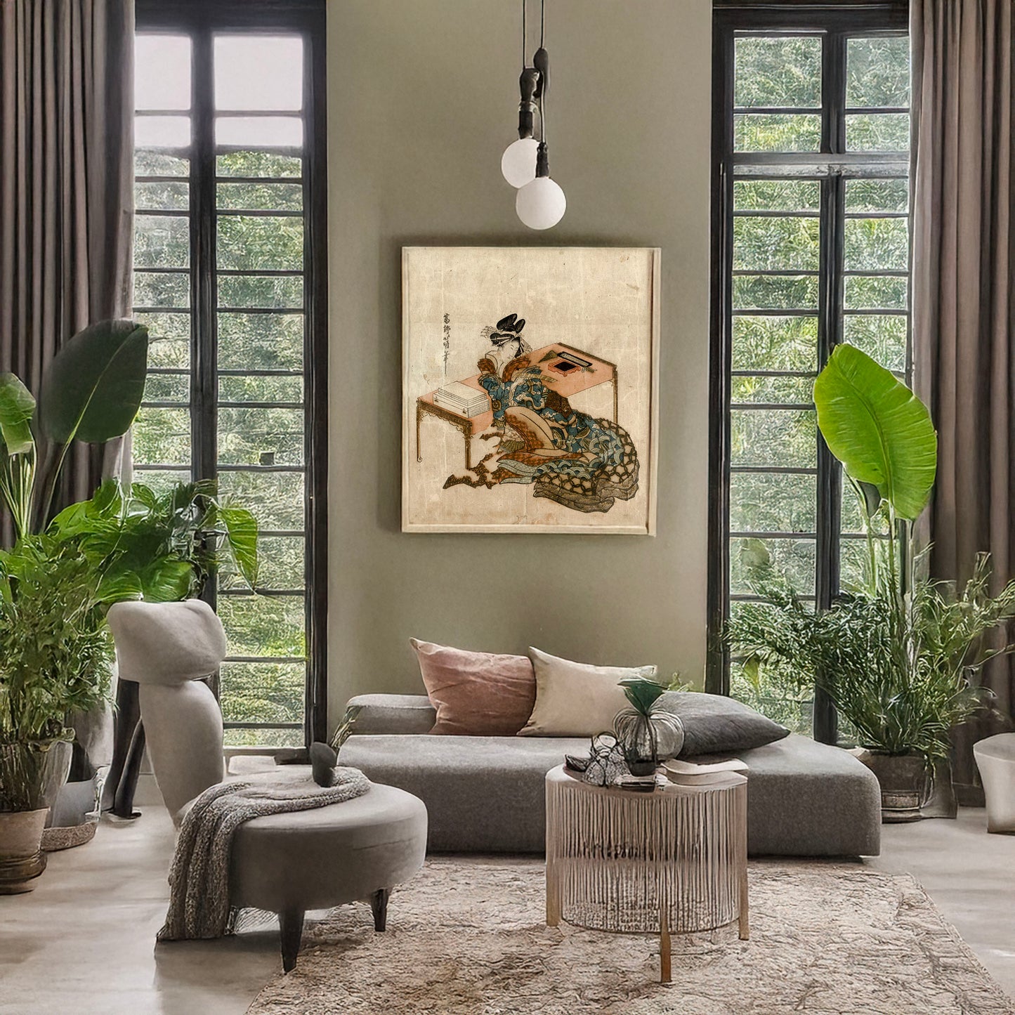 A picture of Tanzaku o motsu yūjo, a mockup of the print leaning against a wall