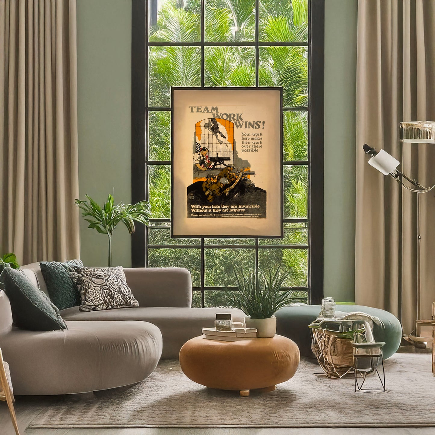A picture of Team work wins! Your work here makes their work over there possible With your help they are invincible, without it they are helpless /, a mockup of the print leaning against a wall