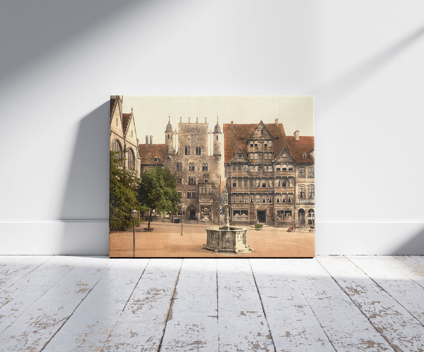 A picture of Tempelherrenhaus, Hildesheim, Hanover, Germany, a mockup of the print leaning against a wall