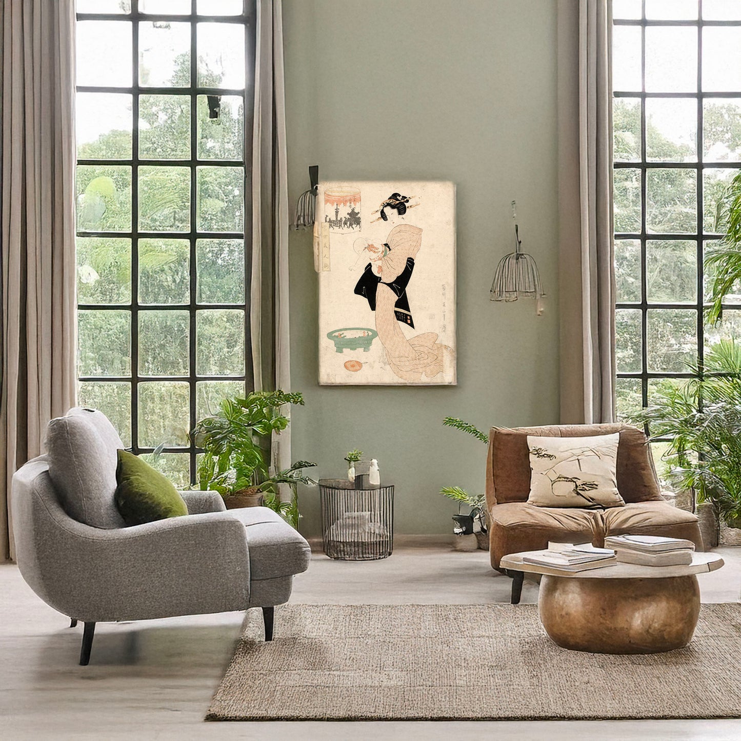 A picture of Tennō gosairei no keshiki, a mockup of the print leaning against a wall