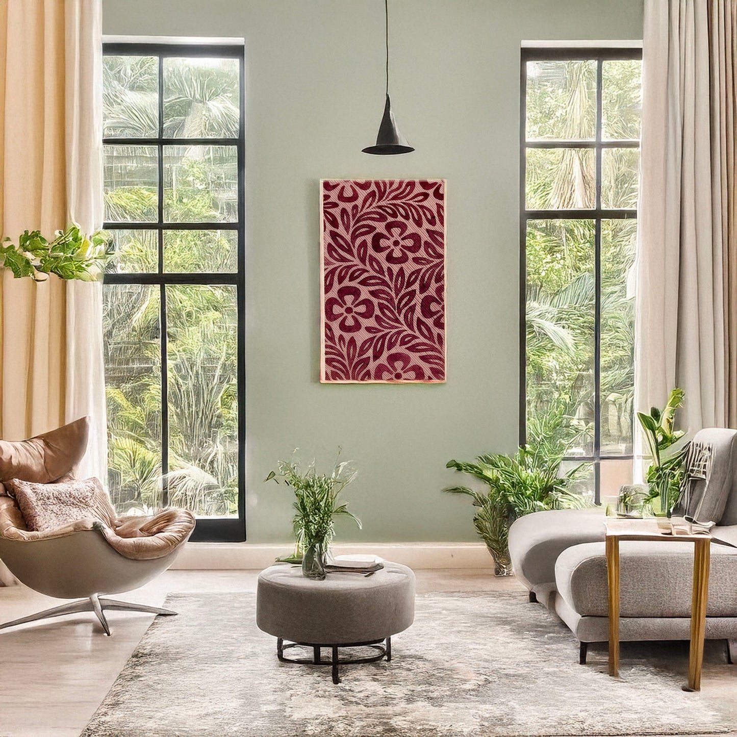 A picture of Textile design with flower motif, a mockup of the print leaning against a wall