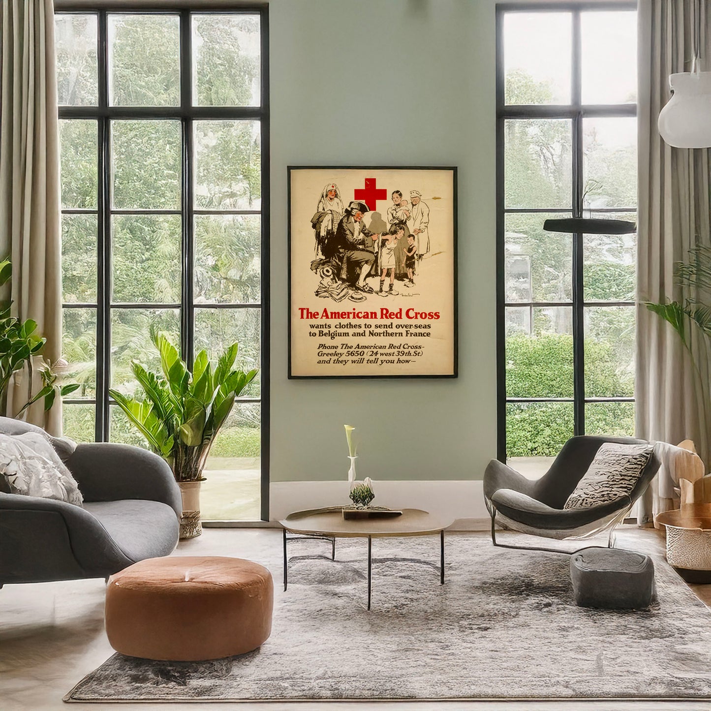 A picture of The American Red Cross wants clothes to send over-seas to Belgium and Northern France Phone the American Red Cross - Greeley 5650 (24 west 39th. St.) and they will tell you how /, a mockup of the print leaning against a wall