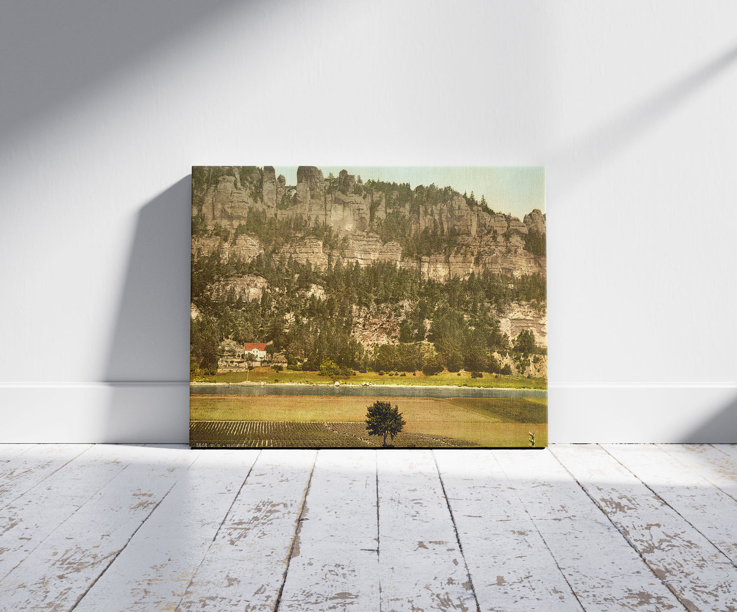 A picture of The Bastion, Saxony, Germany, a mockup of the print leaning against a wall