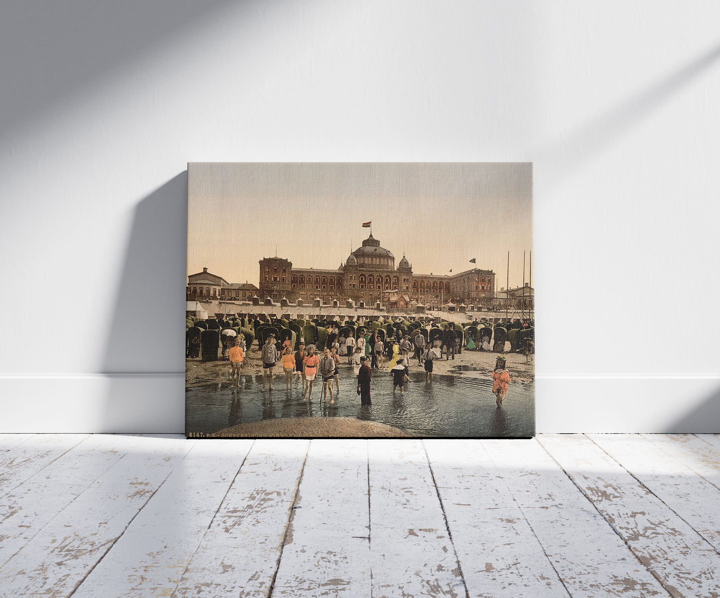 A picture of The beach and Kursaal, Scheveningen, Holland, a mockup of the print leaning against a wall