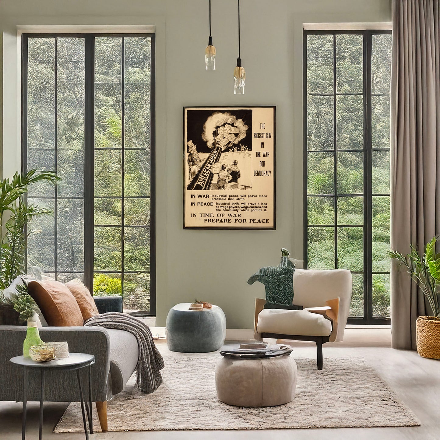 A picture of The biggest gun in the war for democracy, a mockup of the print leaning against a wall