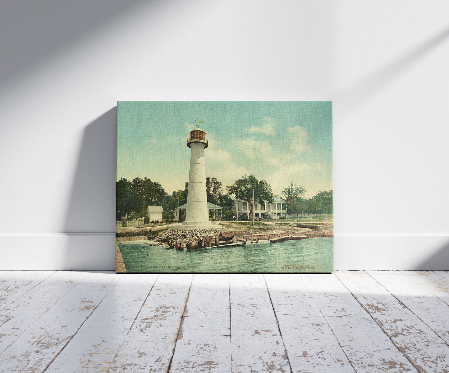 A picture of The Biloxi light, Biloxi, Miss., a mockup of the print leaning against a wall