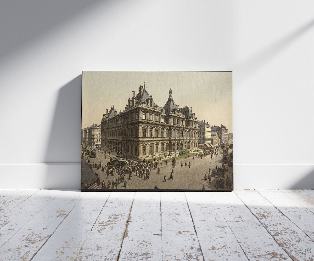 A picture of The Bourse, Lyons, France, a mockup of the print leaning against a wall
