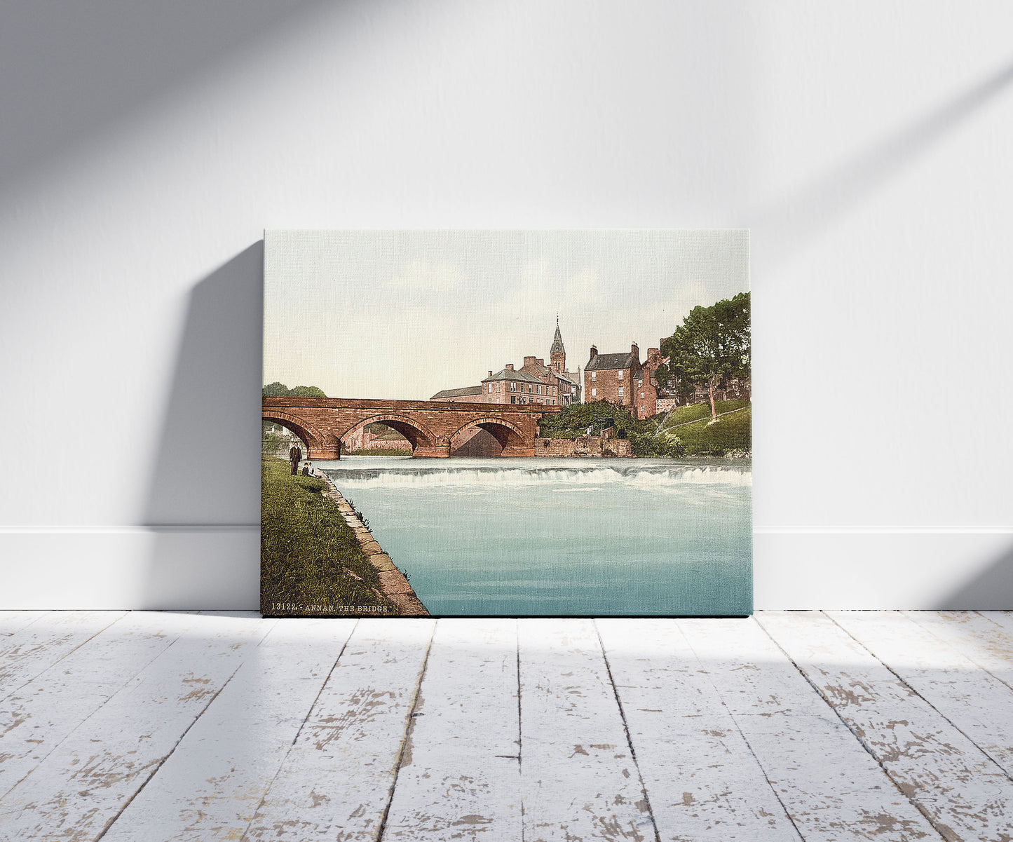 A picture of The bridge, Annan, Scotland, a mockup of the print leaning against a wall