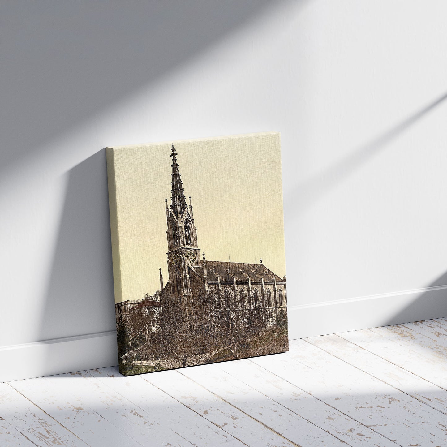 A picture of The Church of Unterstrasse, Zurich, Switzerland, a mockup of the print leaning against a wall