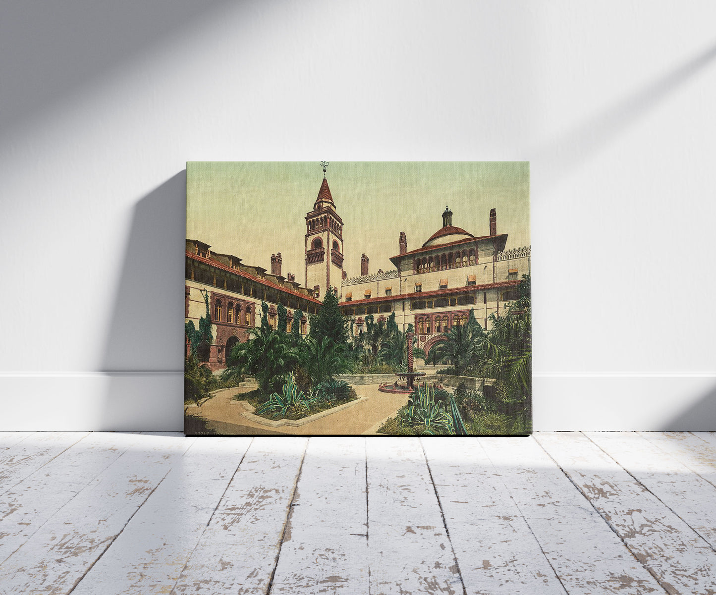 A picture of The court in the Ponce De Leon, a mockup of the print leaning against a wall