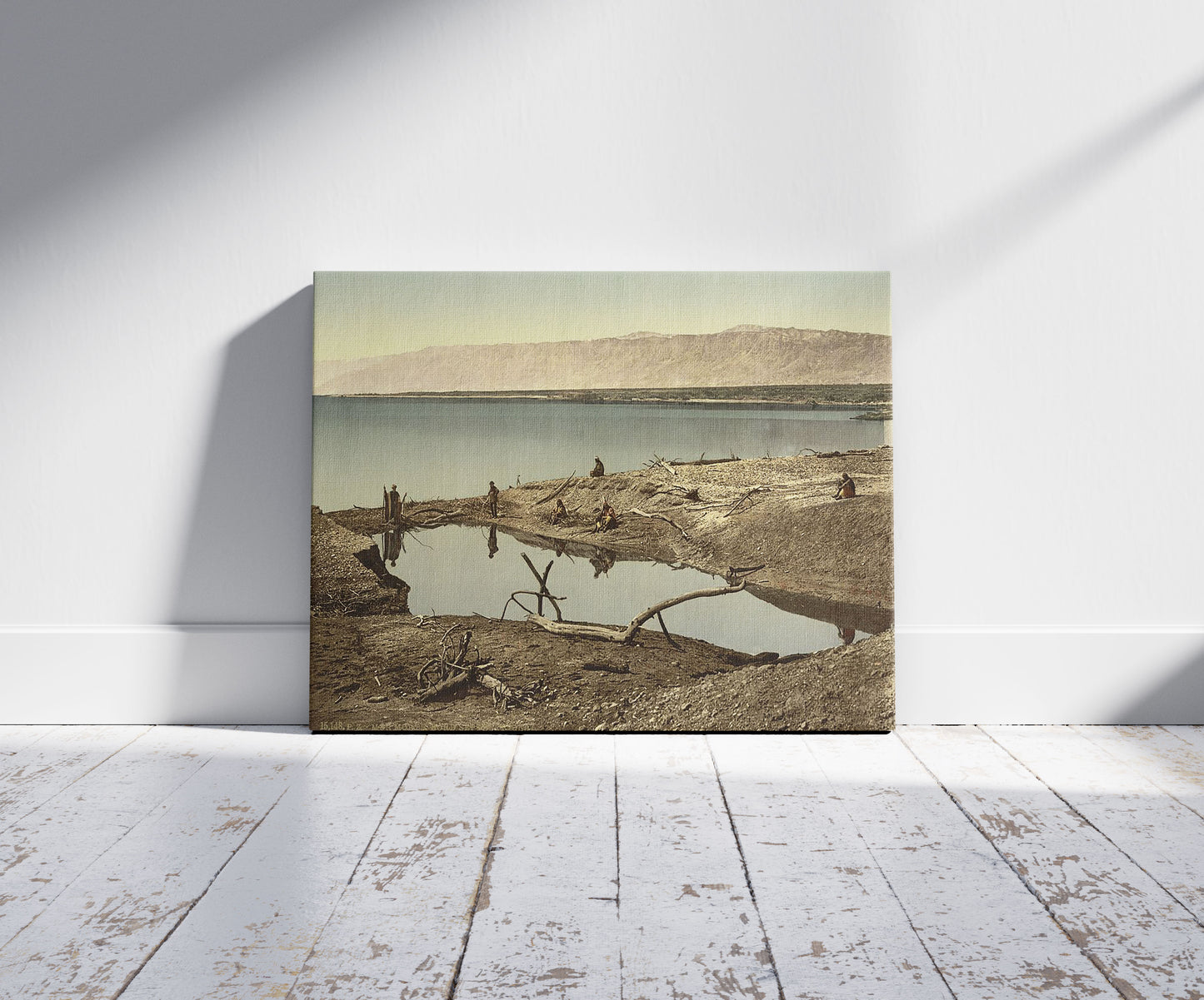 A picture of The Dead Sea, II, Jericho, Holy Land, (i.e., West Bank), a mockup of the print leaning against a wall