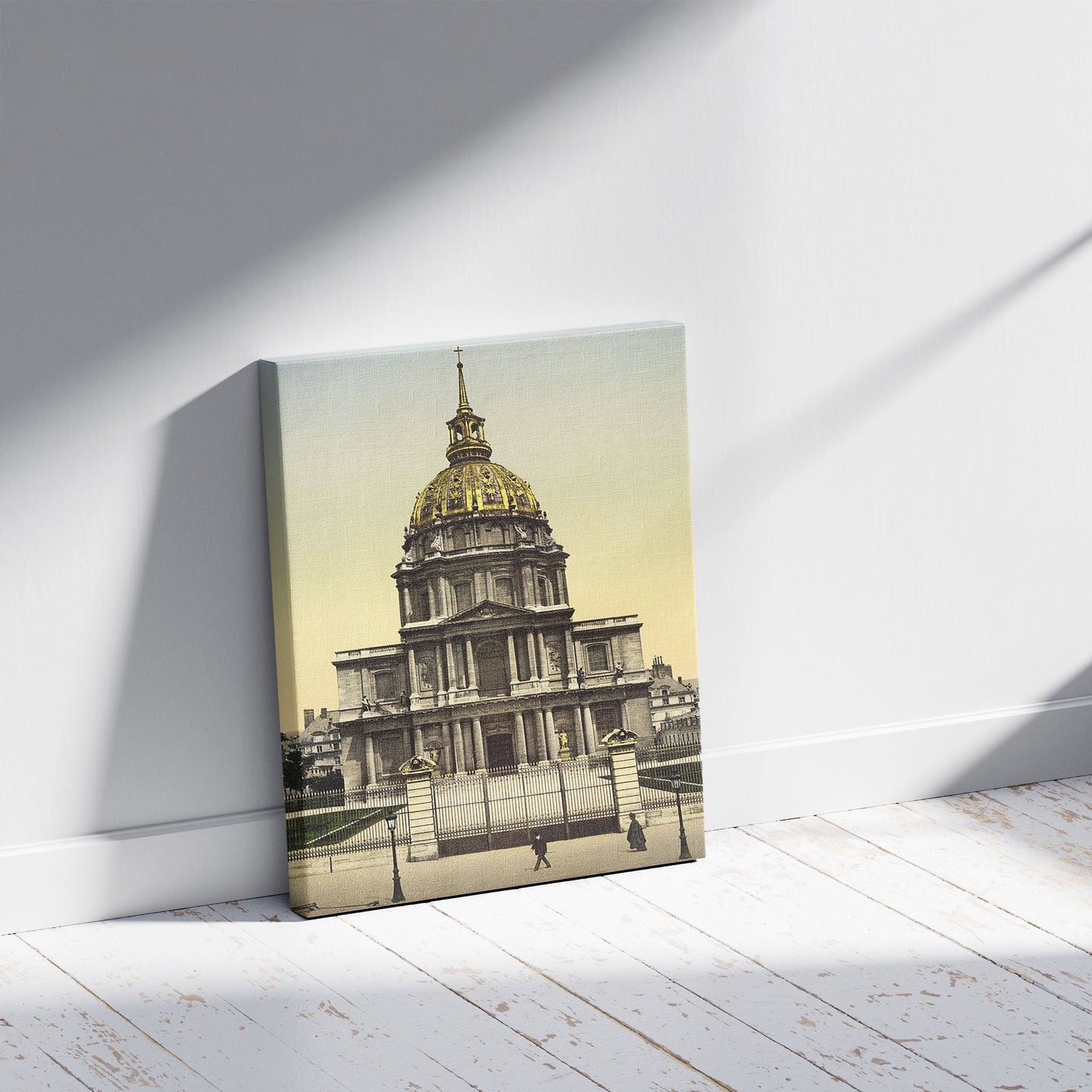 A picture of The Dome des Invalides, Paris, France, a mockup of the print leaning against a wall