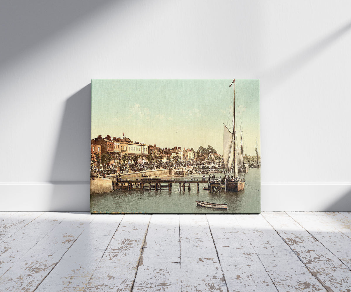 A picture of The East Parade (i.e., promenade) and yachts, Southend-on-Sea, England, a mockup of the print leaning against a wall