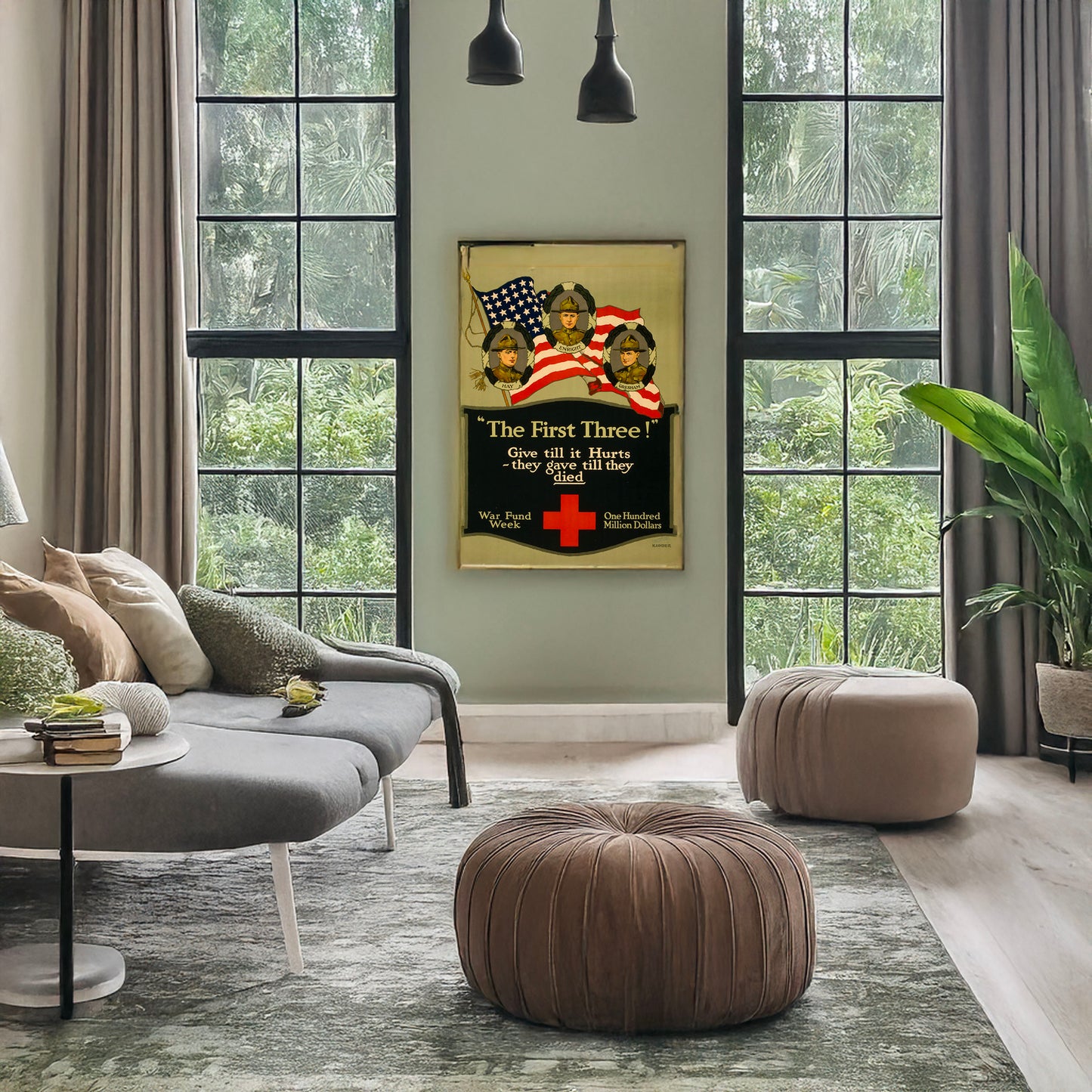 A picture of "The first three!" Give till it hurts - they gave till they died War fund week--One hundred million dollars /, a mockup of the print leaning against a wall