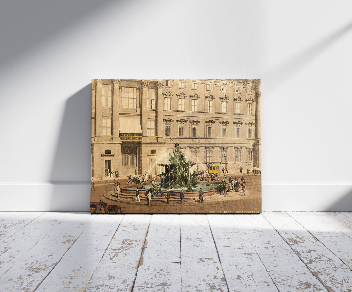 A picture of The Fountain, Royal Palace, Berlin, Germany, a mockup of the print leaning against a wall