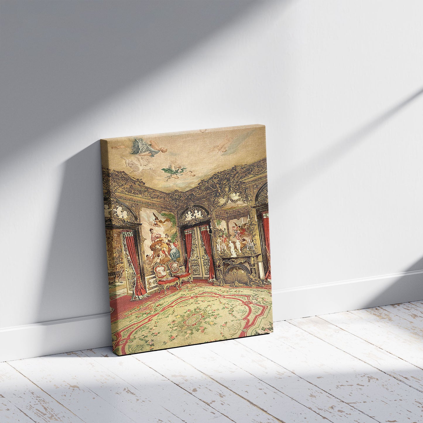 A picture of The Gobelin Tapestries, Linderhof Castle, Upper Bavaria, Germany, a mockup of the print leaning against a wall