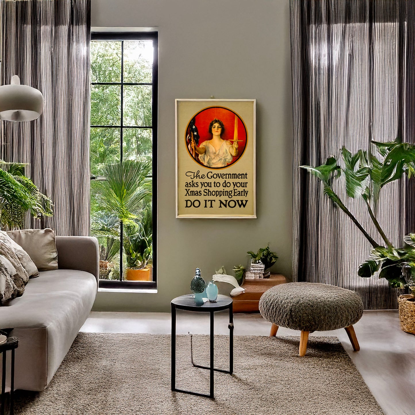 A picture of The government asks you to do your Xmas shopping early--Do it now, a mockup of the print leaning against a wall