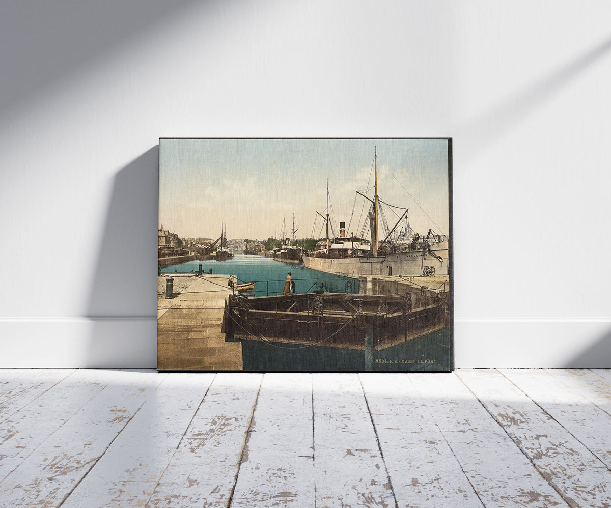 A picture of The harbor, Caen, France, a mockup of the print leaning against a wall