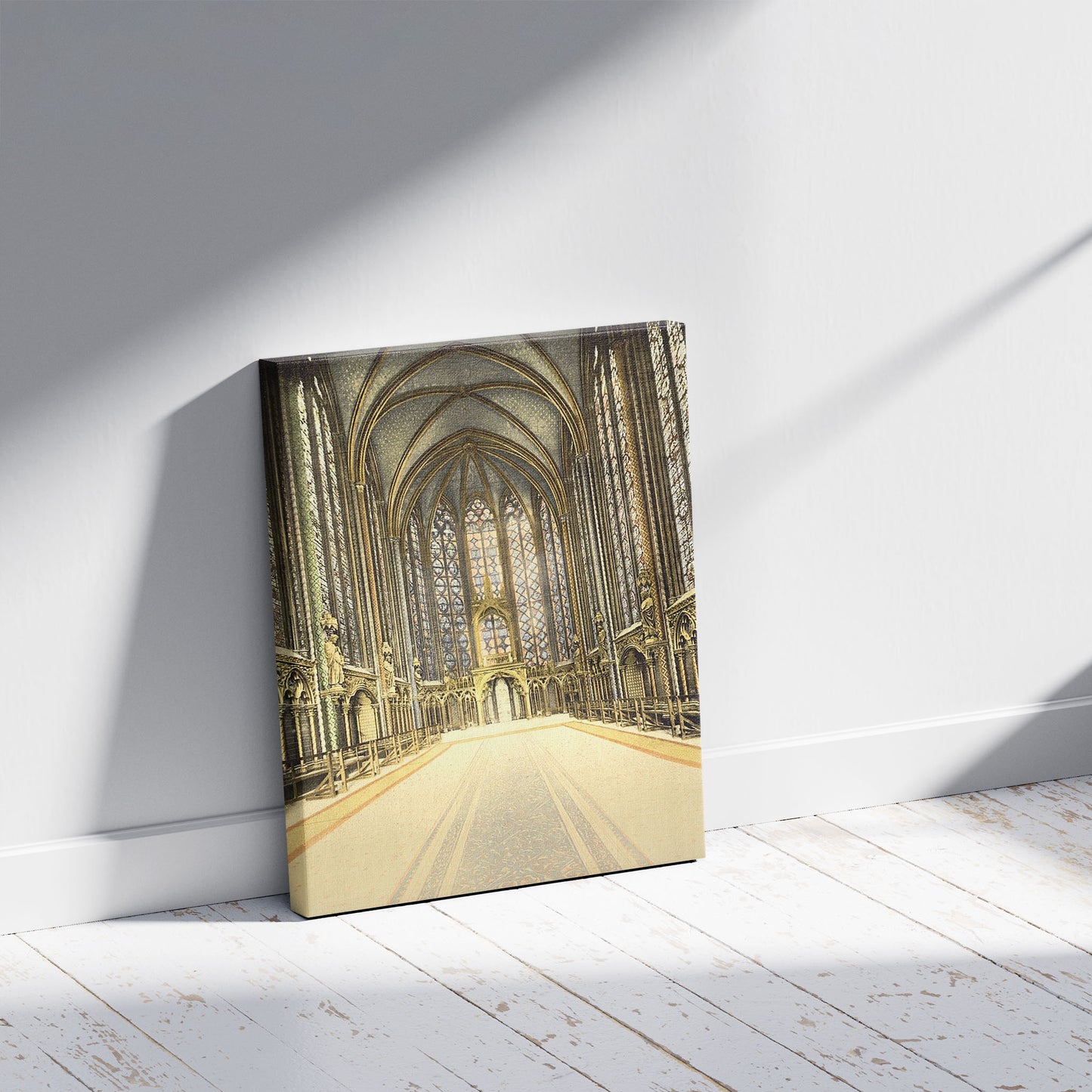A picture of The Holy Chapel (i.e., Sainte-Chapelle), interior, Paris, France, a mockup of the print leaning against a wall