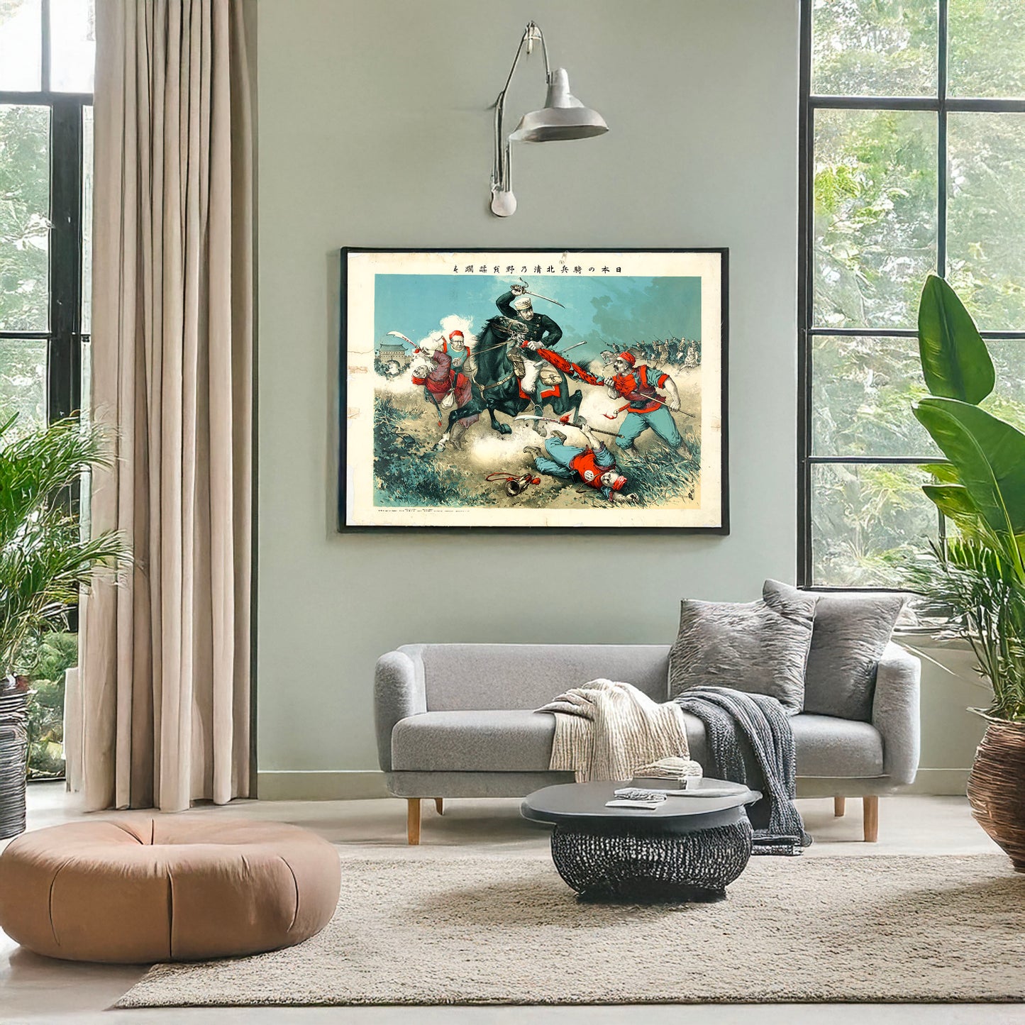 A picture of The Japanese cavalry advancing through fields toward a walled city in China, a mockup of the print leaning against a wall