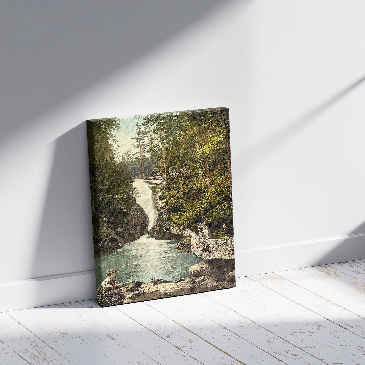 A picture of The Kochelfall, Riesengebirge, Germany, a mockup of the print leaning against a wall