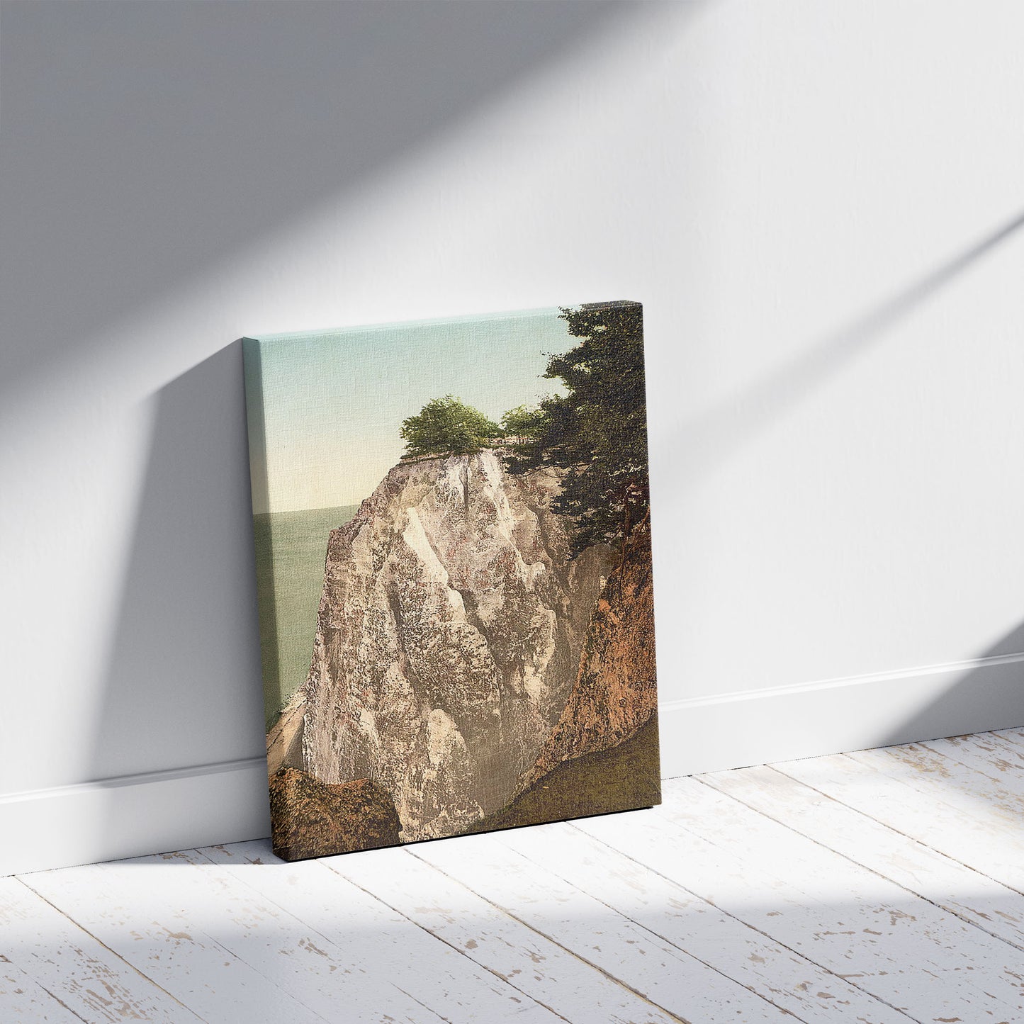 A picture of The Konigsstuhl, seen from north, Stubbenkammer, Isle of Rugen, Germany, a mockup of the print leaning against a wall