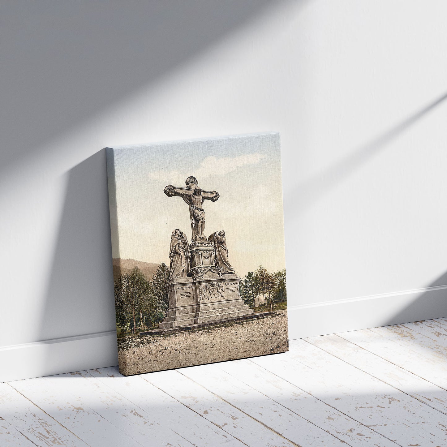 A picture of The Kreusigungsgruppe, Oberammergau, Upper Bavaria, Germany, a mockup of the print leaning against a wall