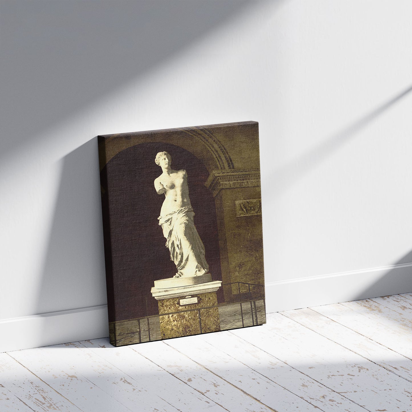 A picture of The Louvre, the Venus de Milo, Paris, France, a mockup of the print leaning against a wall