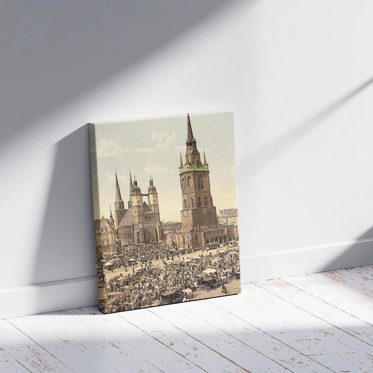 A picture of The market place, Halle, German Saxony, Germany, a mockup of the print leaning against a wall
