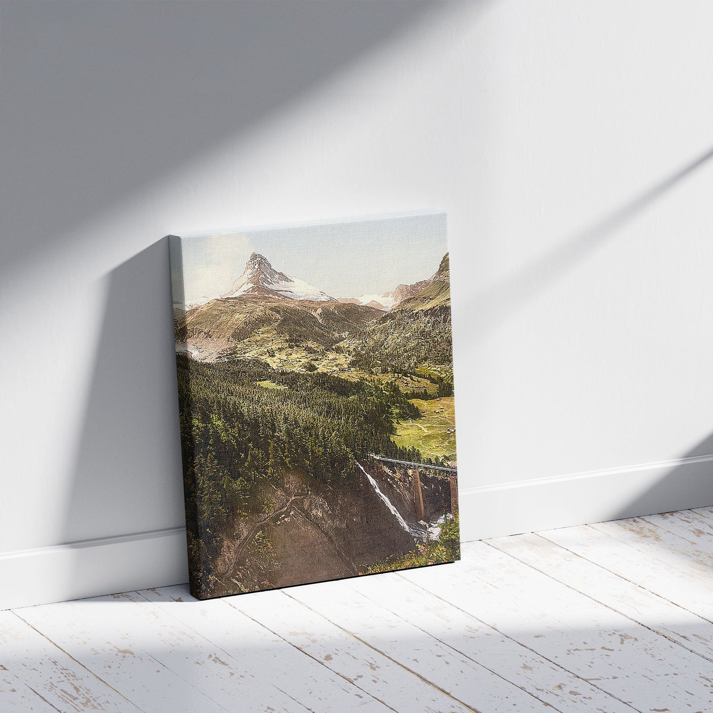 A picture of The Matterhorn and the Findelenbach Bridge, Valais, Alps of, Switzerland, a mockup of the print leaning against a wall